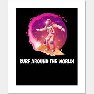 Astronaut in spacesuit standing on surfboard and surfing in milky way stars Posters and Art